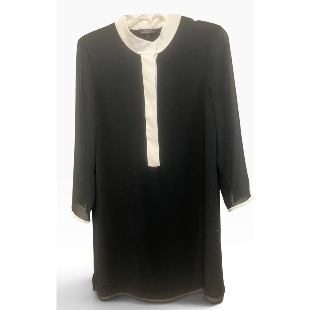 Ted Baker Sabsile Sz2 US Sz6 Black Cream SemiSheer Tunic Blouse Top Minimalist